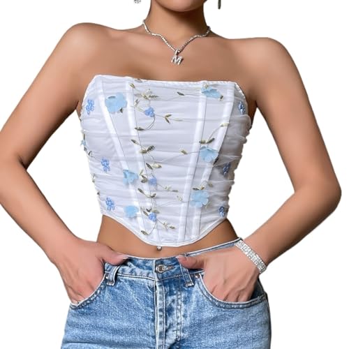 xinrishe Damen Blumenstickerei Y2K Korsett Tops Trägerlos Rückenfrei Asymmetrischer Saum Crop Tube Top Mode Streetwear (Color : Blue, Size : M) von xinrishe