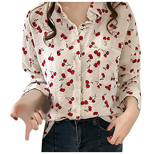 Langarmshirt Mädchen Casual Hemd Damen Mode T Shirt Damen Oberteil Mit Retro Print Revers Hemdbluse Einfacher Kirsch Umlegekragen Tops von xinxinyu