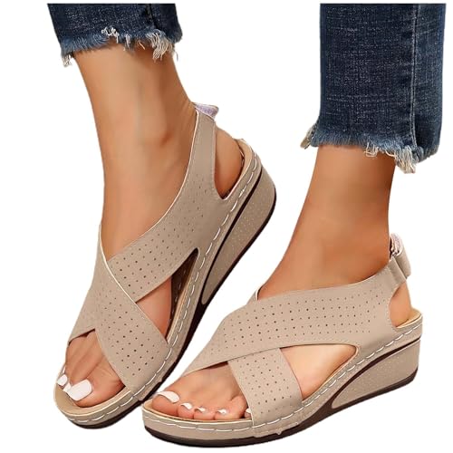 xiongwei A Schuhe Damen Lässige seitliche Hohlgürtelschnalle mit flachem Boden, römische Schuhe, Sommersandalen für Damen, modische Damensandalen 11 Damen Schuhe (Beige, 38) von xiongwei