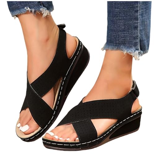 xiongwei A Schuhe Damen Lässige seitliche Hohlgürtelschnalle mit flachem Boden, römische Schuhe, Sommersandalen für Damen, modische Damensandalen 11 Damen Schuhe (Black, 37) von xiongwei