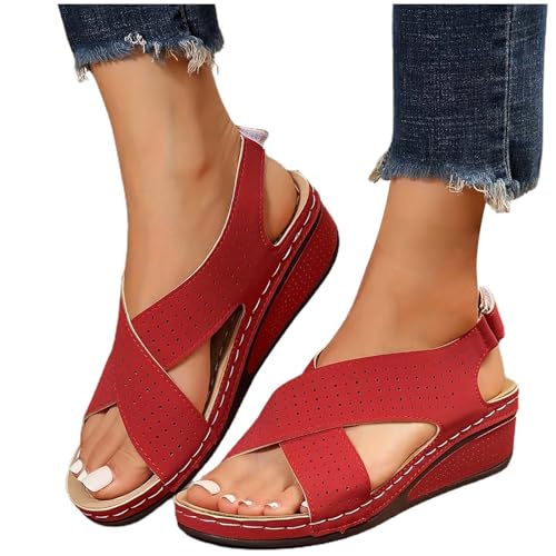 xiongwei A Schuhe Damen Lässige seitliche Hohlgürtelschnalle mit flachem Boden, römische Schuhe, Sommersandalen für Damen, modische Damensandalen 11 Damen Schuhe (Red, 37) von xiongwei