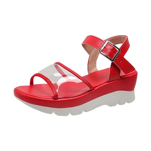 xiongwei Berufsbekleidung Schuhe Damen Damen-Sandalen für Frühling/Sommer, groß, lässig, dicke Sohle, transparente Spitze Schuhe Damen Vintage (Red, 36) von xiongwei