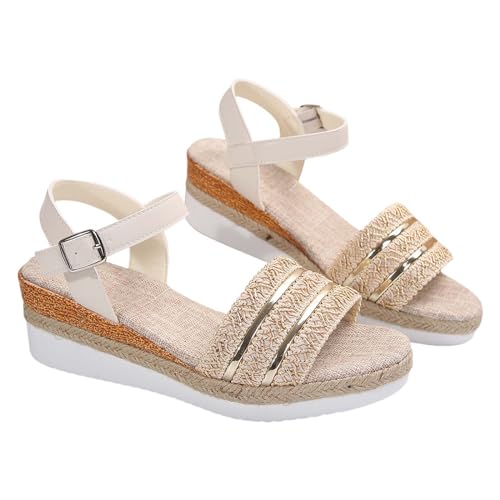 xiongwei Blaue Schuhe Damen Mit Absatz Lässige seitliche Hohlgürtelschnalle mit flachem Boden, römische Schuhe, Sommersandalen für Damen, modische Damensandalen Sandalen Damen Geflochten (Beige, 40) von xiongwei