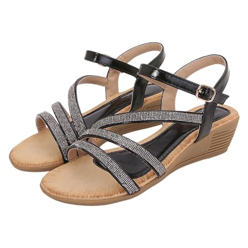 xiongwei Damenschuhe Sandalen Damen-Römersandalen mit Strasssteinen, Sommer-Ethno-Stil, offener Zehenbereich, dicker Boden, Slope-Absatz, Damenschuhe Damen Sandalen Plateausohle (Black, 38) von xiongwei