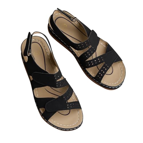 xiongwei Flache Schuhe Für Damen Damen-Sandalen für Frühjahr/Sommer mit dicker Sohle, hohlem Hang und römischen einfarbigen, atmungsaktiven Sandalen mit offener Orthopädische Schuhe Damen (Black, 42) von xiongwei