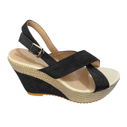 xiongwei Hohe Schuhe Damen Schwarz Mit Absatz Und Schnürsenkel Damen Frühling/Sommer-Kuchen-Strandsandalen mit dicker Unterseite und Slope-Denim-Schnalle Elegante Schuhe Damen Mit Absatz (Black, 42) von xiongwei