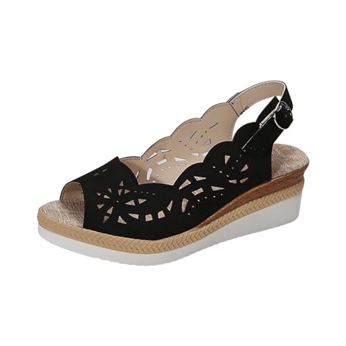 xiongwei Keilabsatz Schuhe Damen Sommer Sexy Frauen Casual Seite Hohl Gürtel Schnalle Slope Bottom Römische Schuhe Sommer Sandalen Schuhe Damen Schwarz Glänzend (Black, 42) von xiongwei