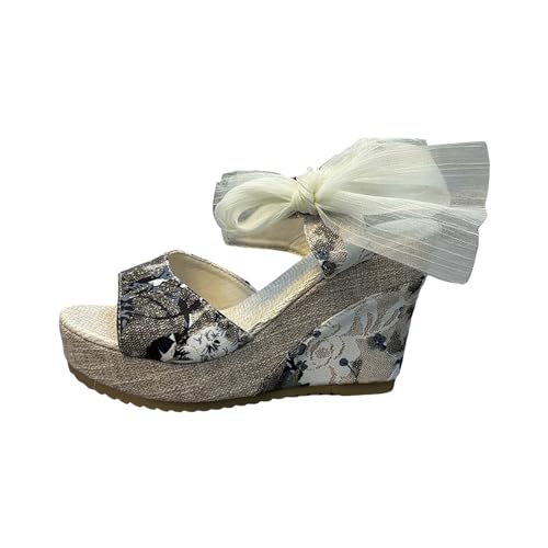 xiongwei S Damenschuhe 41 Damen Casual Side Hollow Bow Strap Slope Bottom Römische Schuhe Sommermode Damen Sandalen Damen Schuhe Mit Glitzer (Grey, 37) von xiongwei