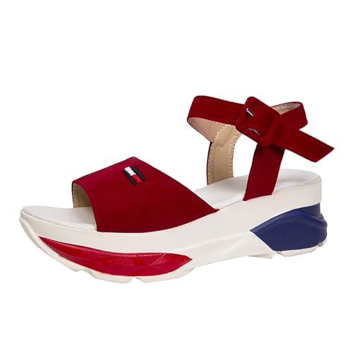 xiongwei Schuhe Damen Sommer Elegant Damen-Sandalen für Frühling/Sommer, lässig, Schnalle, mittlerer Absatz, offener Zehenbereich, dicke Sohle Damen Winter Schuhe 39 (Red, 36) von xiongwei