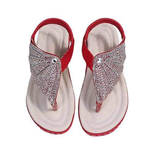 xiongwei Schuhe Mit Absatz Für Damen Flache Damensandalen, lässig, glitzernde Strass-Riemchensandalen, Clip-Toe-Slip-Absatz-Sandalen Damen Socken Schuhe (Red, 37) von xiongwei