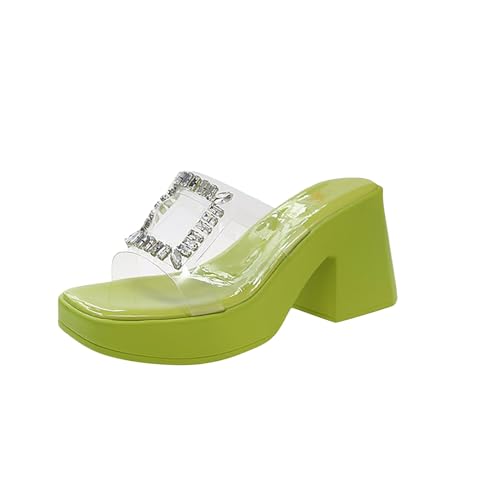 xiongwei Schuhe Silber Damen Damen Frühjahr/Sommer Water Diamond Transparent Straight Line Square Head Plateau Hausschuhe Sandalen Vintage Schuhe Damen Sommer (Green, 39) von xiongwei