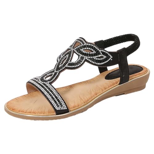 xiongwei Sommer Schuhe Für Damen Sandalen Damen-Römersandalen mit Strasssteinen, Sommer-Ethno-Stil, offener Zehenbereich, dicker Boden, Slope-Absatz, Damenschuhe Hallux Schuhe Für Damen (Black, 38) von xiongwei