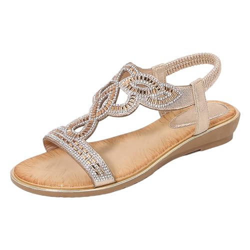 xiongwei Sommer Schuhe Für Damen Sandalen Damen-Römersandalen mit Strasssteinen, Sommer-Ethno-Stil, offener Zehenbereich, dicker Boden, Slope-Absatz, Damenschuhe Hallux Schuhe Für Damen (Gold, 38) von xiongwei