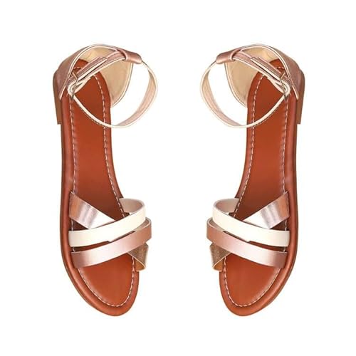 xiongwei Walking Schuhe Damen Winter Damen-Frühling/Sommer-Strandsandalen mit flachem Fuß und Riemen, farbige offene Zehen, römische Strandsandalen Schuhe Damen Sandaletten Elegant (Rose Gold, 39) von xiongwei