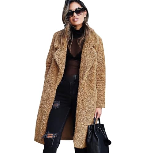 xitoio Damen Lange Teddy Sherpa Jacke Warm Fleece Kunstfell Wintermantel mit Revers Langarm Casual Flauschige Teddybär Oberbekleidung, Dunkles Camel, M von xitoio