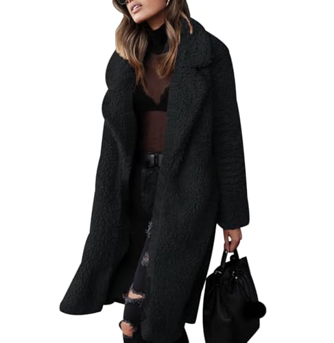 xitoio Damen Lange Teddy Sherpa Jacke Warm Fleece Kunstfell Wintermantel mit Revers Langarm Casual Flauschige Teddybär Oberbekleidung, Schwarz , S von xitoio