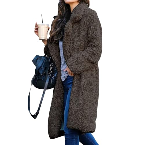 xitoio Damen Lange Teddy Sherpa Jacke Warm Fleece Kunstfell Wintermantel mit Revers Langarm Casual Flauschige Teddybär Oberbekleidung, dunkelgrau, XXL von xitoio