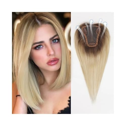 Peloes de Mujer 12-Zoll-Haarteile Mittelteil Damen Echthaar-Topper mit Spitzenbasis Clip in Haarverlängerungen Echthaarteile Haarverlängerungen(Ombre blonde) von xiuling4568