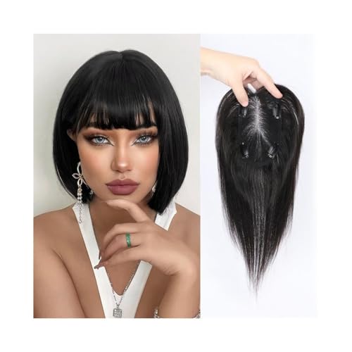 Peloes de Mujer Echthaar-Topper for Frauen, mit Clips in geraden Echthaarstücken, 9 x 14 cm, Schweizer Spitzenbasis, Haar-Topper for dünner werdendes Haar/Haarausfall Haarverlängerungen von xiuling4568