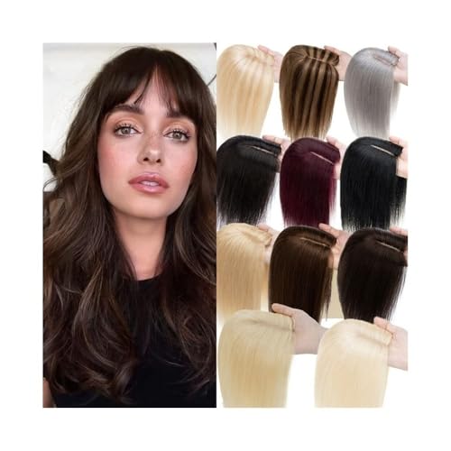 Peloes de Mujer Haar-Topper for Frauen, Echthaar-Topper mit Pony, 3 Clips in brasilianischem Remy-Haar, glatte Haarteile, 12 x 13 cm, atmungsaktive Spitzenbasis Haarverlängerungen(Medium Brown+Bleach von xiuling4568