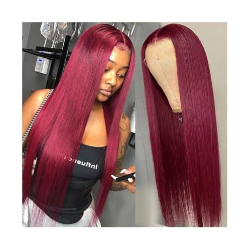 Perücken 99J Burgunderrote Lace-Front-Perücke, glattes Remy-Haar, 13 x 4 HD-Lace-Frontal-Perücken, vorgezupft, 99J, gerade Echthaar-Spitzenperücke mit Babyhaar for Frauen Spitzeperücke(30inches) von xiuling4568