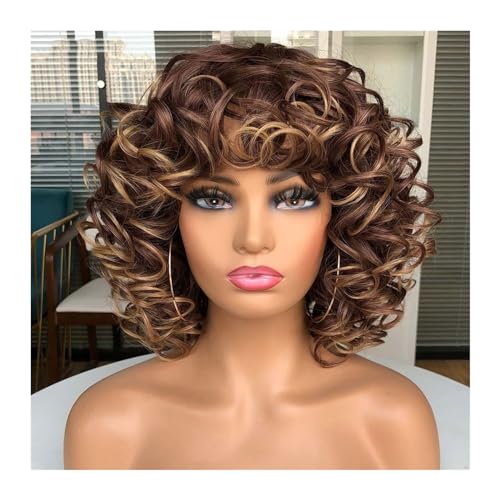 Perücken Natürliche hohe Temperatur rote kurze Haare Afro lockige Perücke mit Pony for schwarze Frauen Cosplay flauschige leimlose gemischte braune blonde Perücken Spitzeperücke(33-27) von xiuling4568