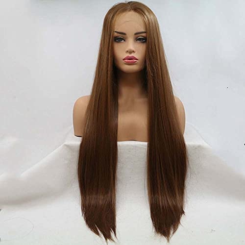 Xiweiya Braune glatte Spitze Perücken lange Haarperücken synthetische Lace Front braune Perücken für Frauen Mittelscheitel hitzebeständige Faser Haar Perücken von xiweiya