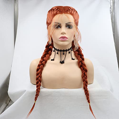 Xiweiya Copper Red Lace Wig with Double Braids Synthetic Lace Braided Wig with Baby Hair Heat Resistant Fiber Middle Part for Women von xiweiya