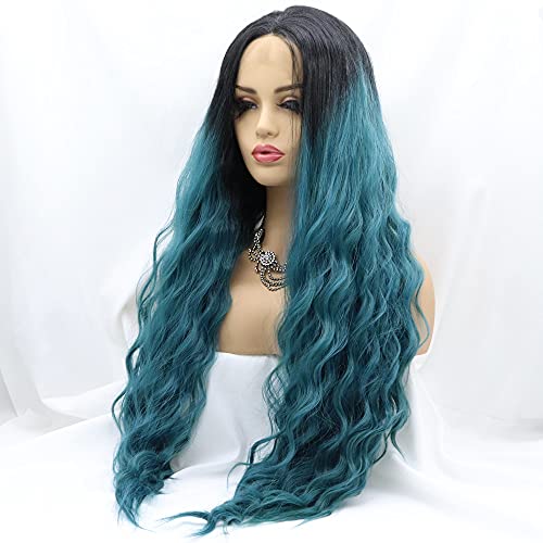 Xiweiya Deep Curly Dark Blue Green with Black Roots Synthetic Lace Front Wig For Women Heat Resistant Replacement Cosplay Makeup 24 Inch Xiweiya Deep Curly Dark Blue Green with Black Roots Synthetic Lace Front Wig For Women Heat Resistant Replacement Cosplay Makeup 24 Inch von xiweiya