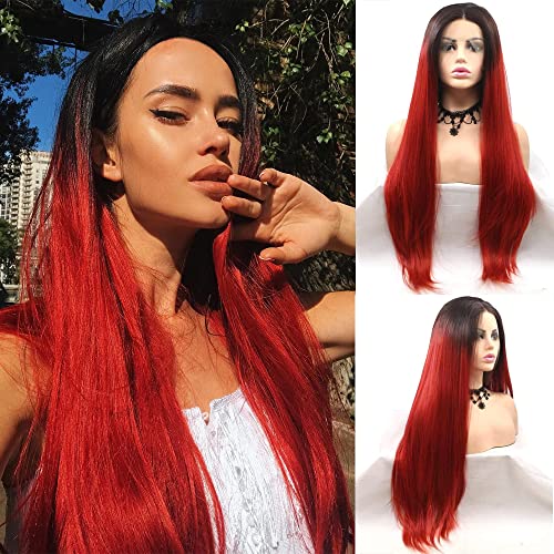 Xiweiya Dunkelrote Perücken für Frauen Glueless Lace Front Perücken Lange Glatte Rotbraune Wurzeln Perücken Synthetische Hitzebeständige Natürliche Glatte Haarperücke Spitzenperücke 180 Dichte 24 Zoll von xiweiya
