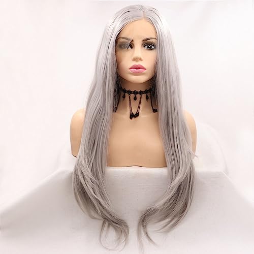 Xiweiya Long Grey Straight Wig Synthetic Silver Grey Lace Front Wigs Middle Part Long Straight Long Soft Blonde Wig with Heat Resistant Fiber Hair Replacement Wig for Women Drag Queen 24 Inch von xiweiya