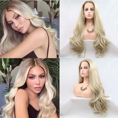 Xiweiya Ombre Blonde Synthetic Lace Front Wig with Light Blonde Brown Roots Heat Resistant Hair Side Part Long Silky Straight Lace Front Wigs Half Hand Tied Wig for Women Daily Waer 24inches von xiweiya