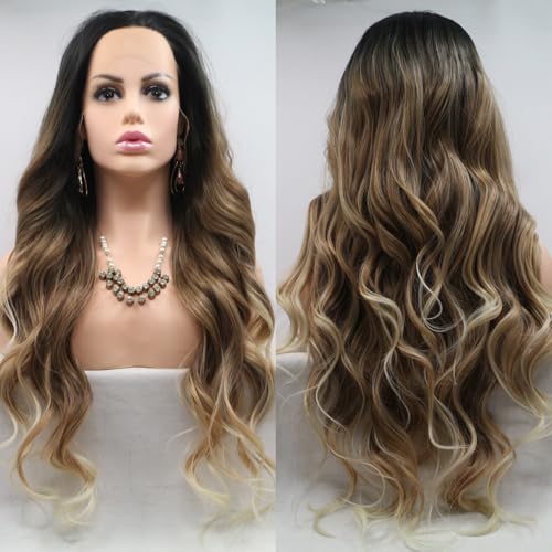 Xiweiya Ombre lange schwarze bis braune gewellte Perücke Lace Front Perücken Kunsthaar mit dunkler Wurzel Mittelteil lange weiche mit hitzebeständigem Haar Ersatz Perücke für Frauen Drag Queen 61cm von xiweiya