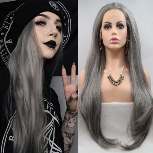 xiweiya Lace Perücke 13x3 Perücke Dunkelgrau Lange Perücke Grau Synthetische Rauch Gerade Kante Spitze Vorne Perücke Frauen Gerade Kante Hitze Beständig Faser Drag Queen Mädchen von xiweiya