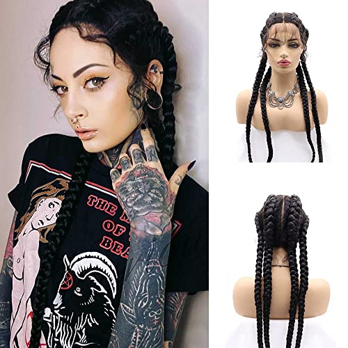 xiweiya Super Long 100% Hand-geflochtene Spitze Front Box geflochtene Perücken 360 Swiss Lace Front Schwarz Doppel Niederländisch geflochtene Perücken für Frauen verdrehte Zöpfe Perücke 36inch von xiweiya
