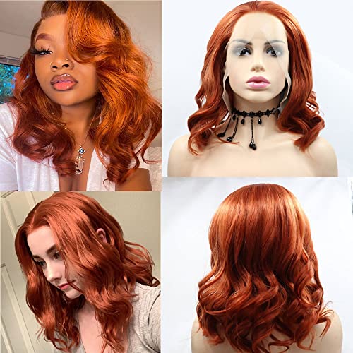 xiweiya Wig Short Auburn Copper Red Wig Curly Synthetic Lace Front Wigs Heat Resistant Fiber Red Color Soft Nature Wave Wig with Wig Cap for Women, Drag Queen Cosplay Mera Aquaman Wig 16 Inch von xiweiya