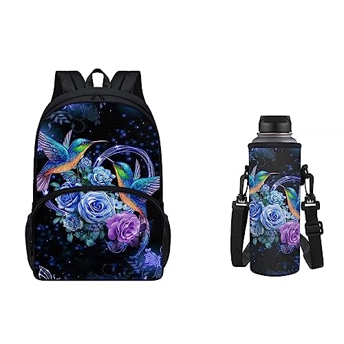 xixirimido 2-in-1 Kinder Schulrucksack Set Wasserflasche Tragetasche für Jungen Mädchen, Kolibri Floral, Einheitsgröße, Casual von xixirimido