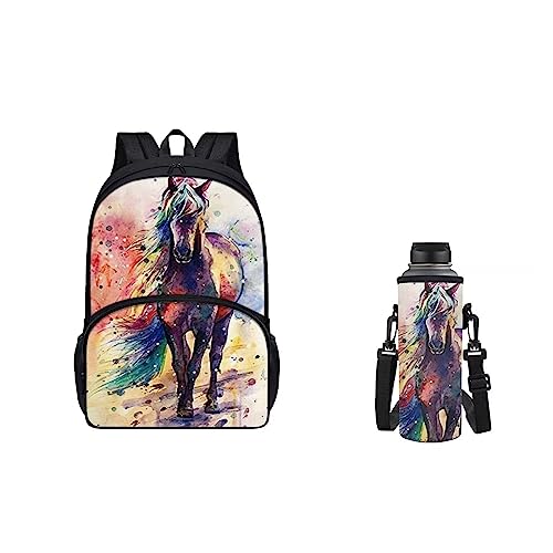 xixirimido 2-in-1 Kinder Schulrucksack Set Wasserflasche Tragetasche für Jungen Mädchen, pferd, Einheitsgröße, Lässiger Tagesrucksack von xixirimido