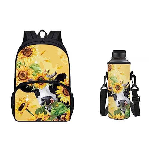 xixirimido 2 x Kinder-Schulrucksack mit Wasserflaschenhalter, Tasche mit Gurt, Büchertasche, Sonnenblumenkuh, Einheitsgröße, Lässiger Tagesrucksack von xixirimido