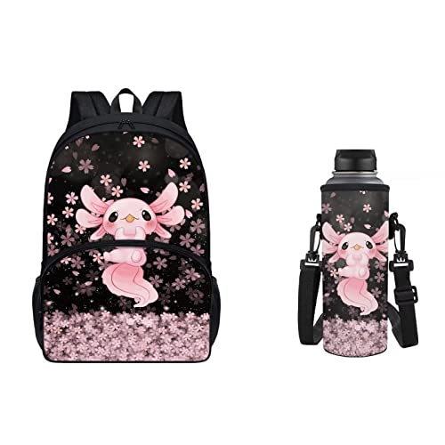 xixirimido 2er-Pack Kinder Schule Büchertasche Rucksack Set Wasserflasche Halter Tasche groß, Axolotl Kirschblüte, Einheitsgröße, Casual von xixirimido