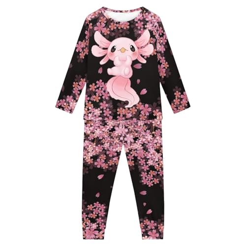 xixirimido 3–16 Jahre Pyjama-Set, Rundhalsausschnitt, langärmelig, Schlafanzug, Hemd und Hose, 2-teilig, Axolotl Kirschblüte, 11-12 Years von xixirimido