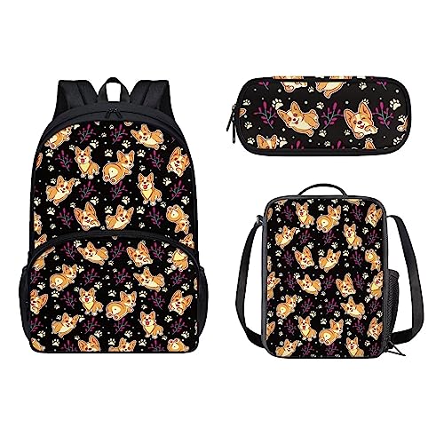 xixirimido 3 Stück Schulrucksack für Jungen und Mädchen, isolierte Lunch-Tasche, Stiftehalter, Schulterrucksack, Corgi Hundeblume, Einheitsgröße, Lässiger Tagesrucksack von xixirimido