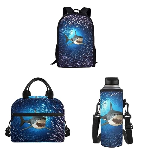 xixirimido 3-in-1 Kinder-Schulrucksack, Büchertasche, isolierte Lunch-Tasche, Wasserflaschenhalter, Cartoon-Hai, Einheitsgröße, Lässiger Tagesrucksack von xixirimido