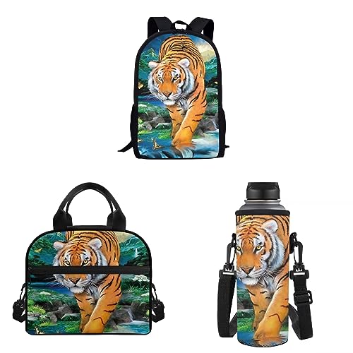 xixirimido 3-in-1 Kinder-Schulrucksack, Büchertasche, isolierte Lunch-Tasche, Wasserflaschenhalter, tiger, Einheitsgröße, Lässiger Tagesrucksack von xixirimido