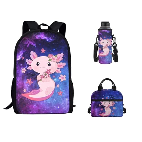 xixirimido 3-in-1 Kinder-Schulrucksack, Büchertasche, isolierte Lunchtasche, Wasserflaschenhalter, Axolotl Blue Galaxy, Einheitsgröße, Lässiger Tagesrucksack von xixirimido