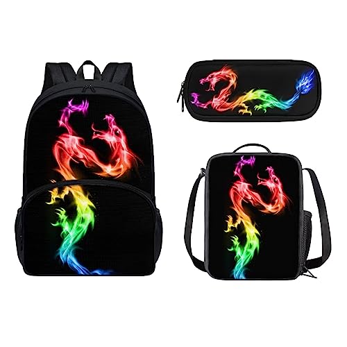 xixirimido 3 in 1 Kinder Schulrucksack Isolierte Lunchbox Tasche Stifthalter für Jungen Mädchen, Farbenfroher Drache, Einheitsgröße, Lässiger Tagesrucksack von xixirimido