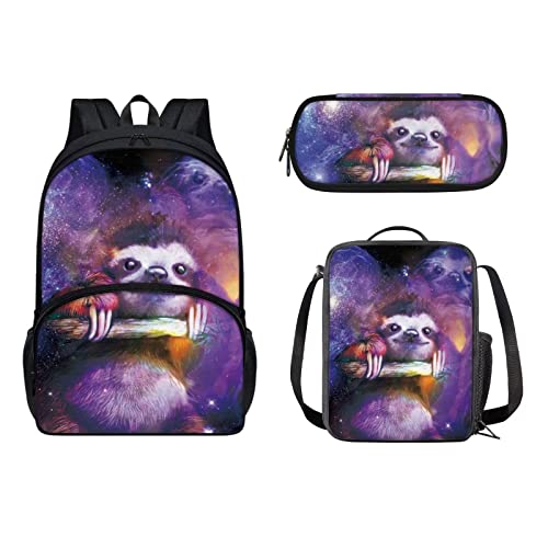 xixirimido 3 in 1 Kinder Schulrucksack Isolierte Lunchbox Tasche Stifthalter für Jungen Mädchen, Galaxy Faultier, Einheitsgröße, Lässiger Tagesrucksack von xixirimido