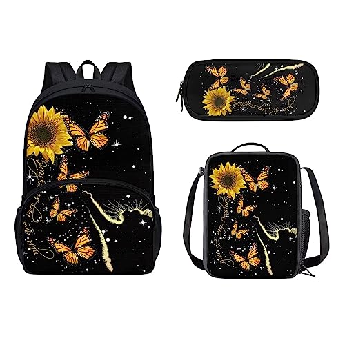 xixirimido 3 in 1 Kinder Schulrucksack Isolierte Lunchbox Tasche Stifthalter für Jungen Mädchen, Sonnenblumen-Schmetterling, Einheitsgröße, Lässiger Tagesrucksack von xixirimido