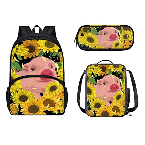 xixirimido 3 in 1 Kinder Schulrucksack Isolierte Lunchbox Tasche Stifthalter für Jungen Mädchen, Sonnenblumenschwein, Einheitsgröße, Lässiger Tagesrucksack von xixirimido