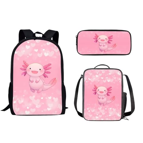 xixirimido 3-in-1-Schulrucksack-Set für Jungen und Mädchen, Lunchbox, Federmäppchen, Axolotl Heart, Einheitsgröße, Lässiger Tagesrucksack von xixirimido